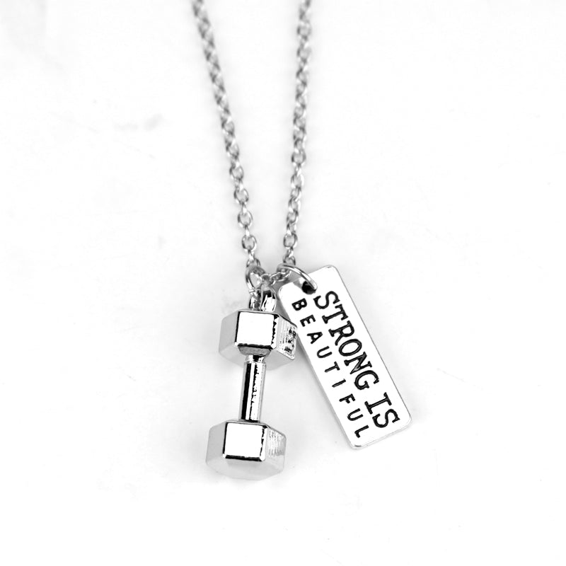 Strong is Beautiful Engraved & Dumbbell Pendant Necklace