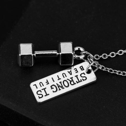 Strong is Beautiful Engraved & Dumbbell Pendant Necklace