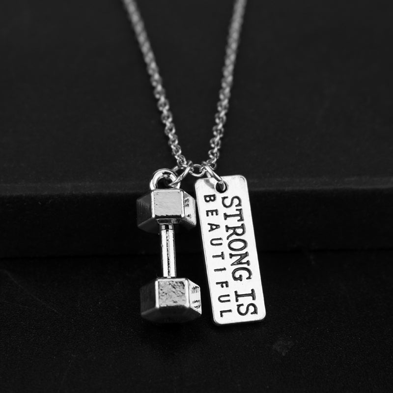 Strong is Beautiful Engraved & Dumbbell Pendant Necklace