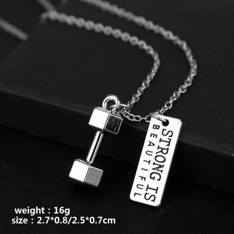 Strong is Beautiful Engraved & Dumbbell Pendant Necklace