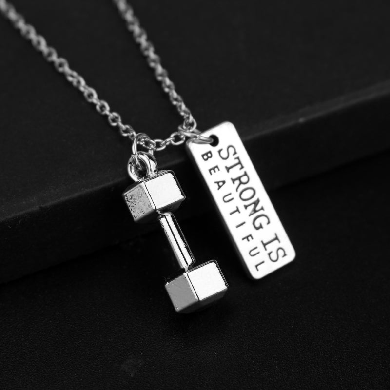 Strong is Beautiful Engraved & Dumbbell Pendant Necklace